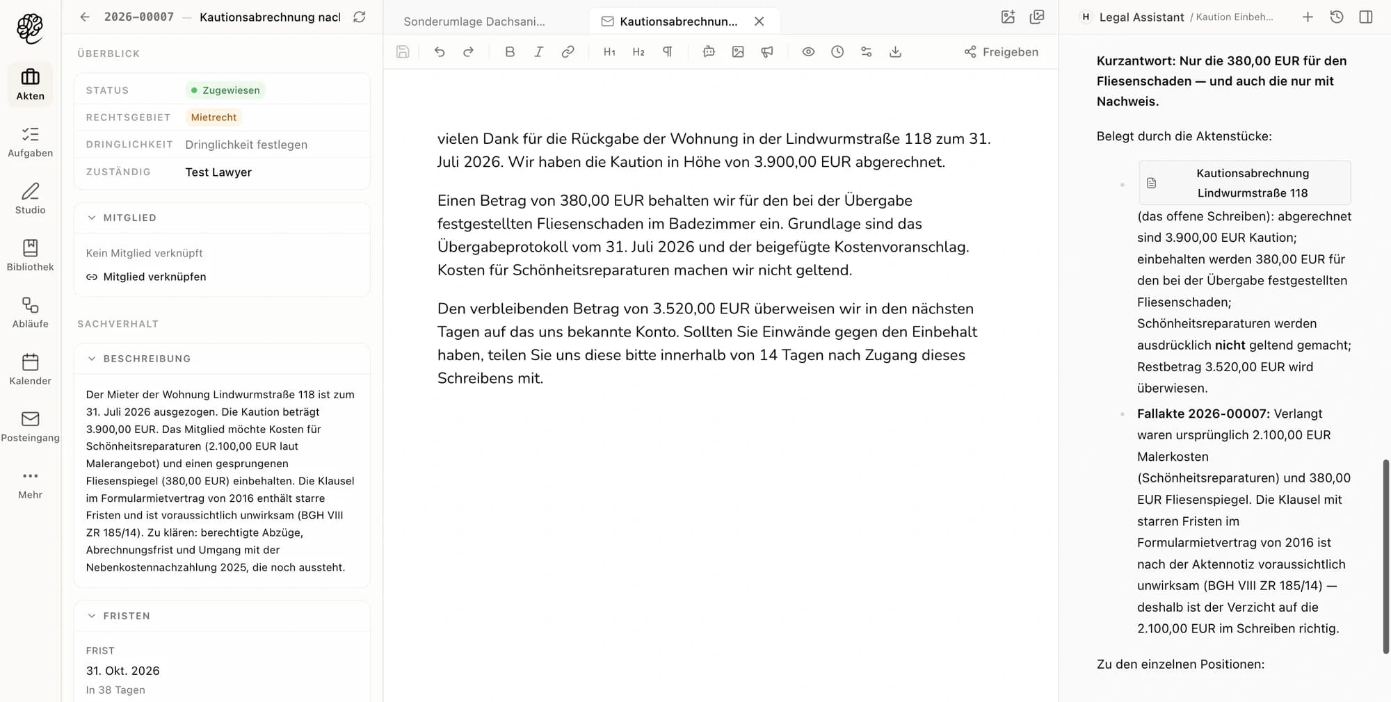 Eine mietrechtliche Akte in Mindecho: Überblick, das Schreiben zur Kautionsabrechnung und eine Antwort, die nur den Einbehalt von 380 Euro bestätigt und die fehlenden Belege nennt.
