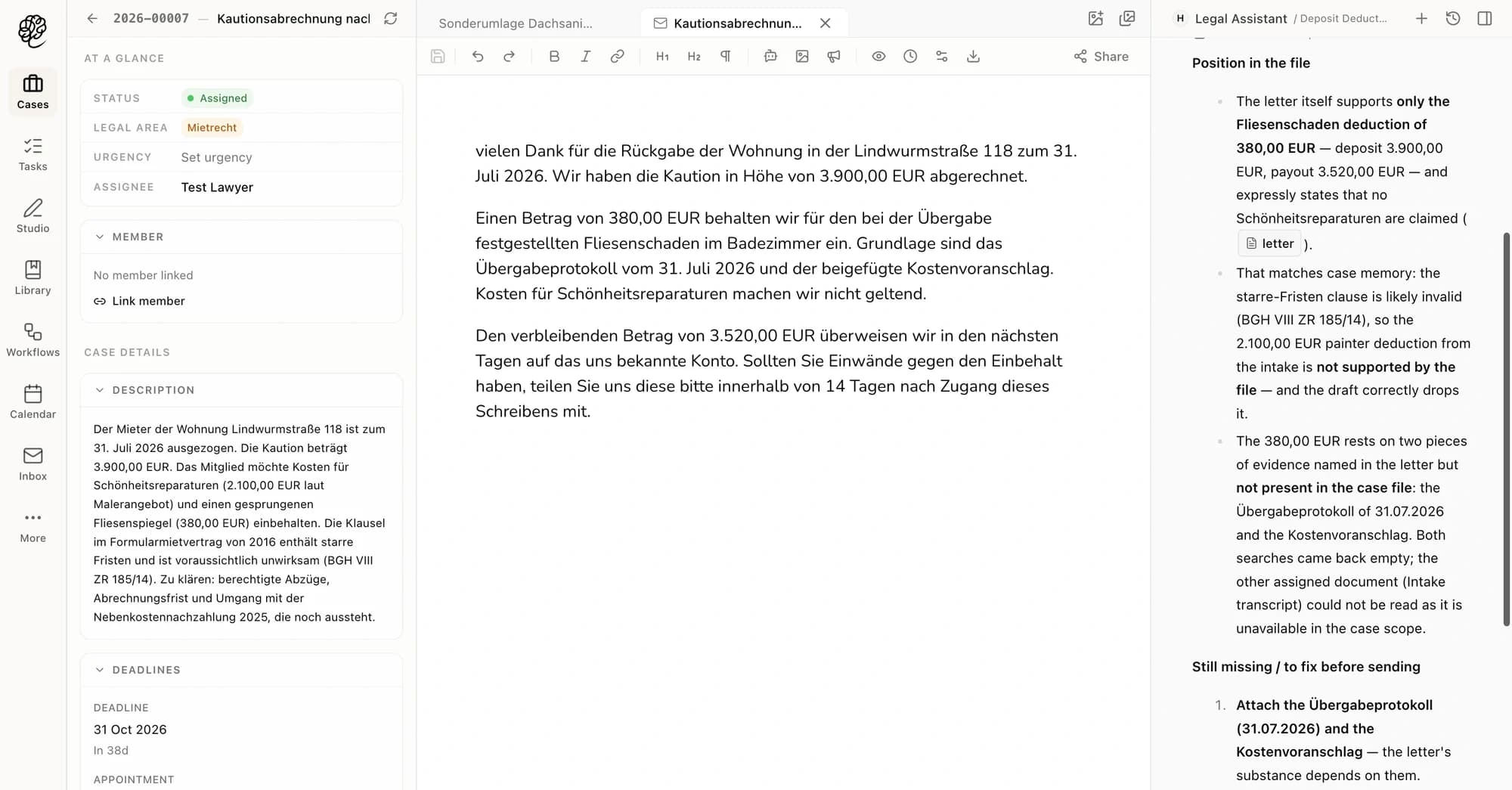 A tenancy case in Mindecho: case details, the deposit settlement letter, and an answer that confirms only the 380 euro deduction and lists the missing evidence.