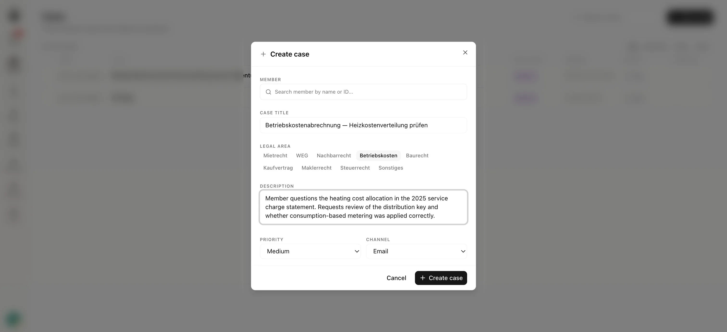 Creating a case from an incoming email: the agent has classified the legal area and drafted the case details, ready for review.