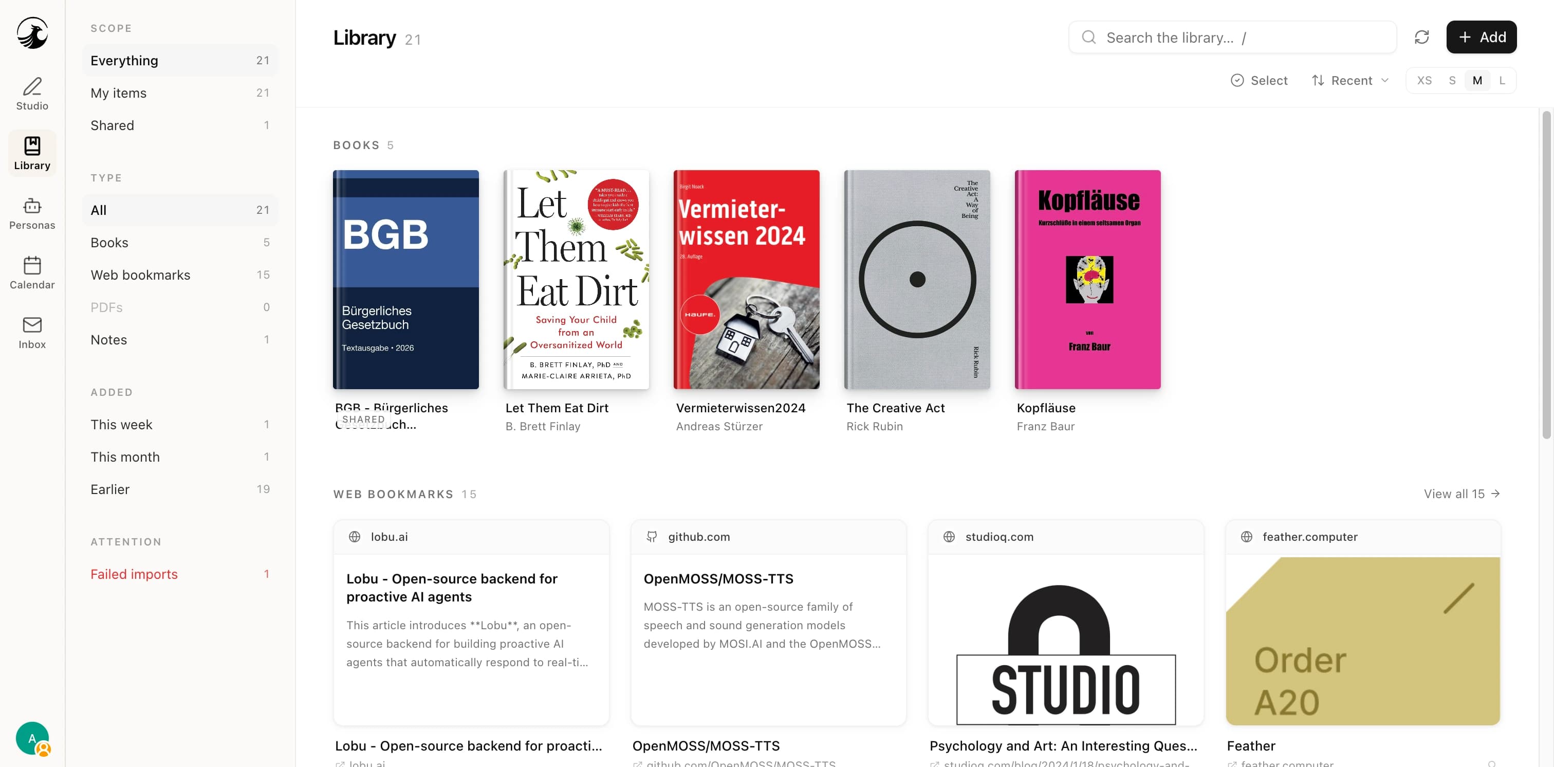 The Mindecho library: saved books, PDFs, and web bookmarks the agent reads across.
