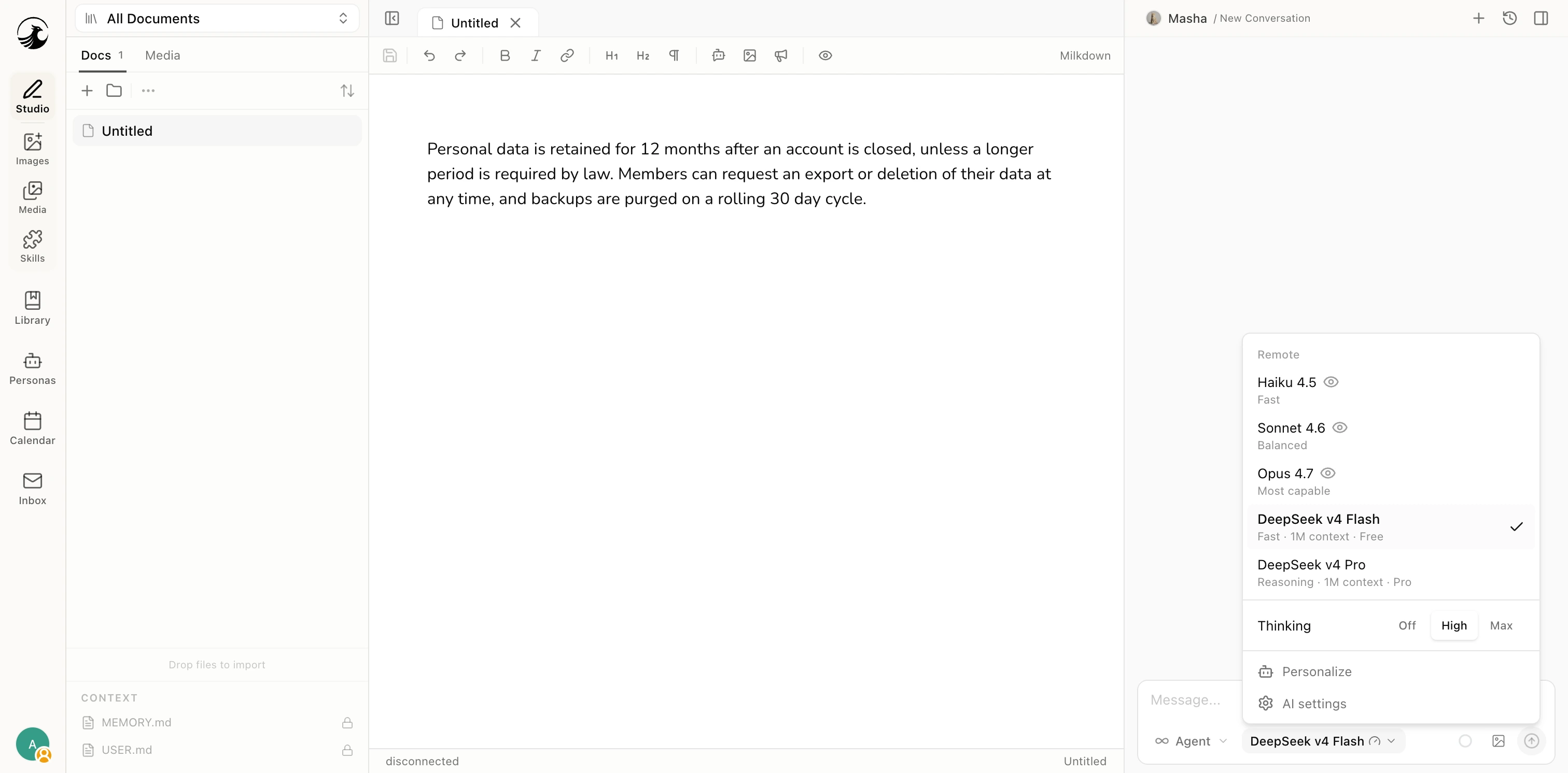 A chat model picker listing Haiku, Sonnet, Opus, and DeepSeek models with a reasoning-effort toggle.