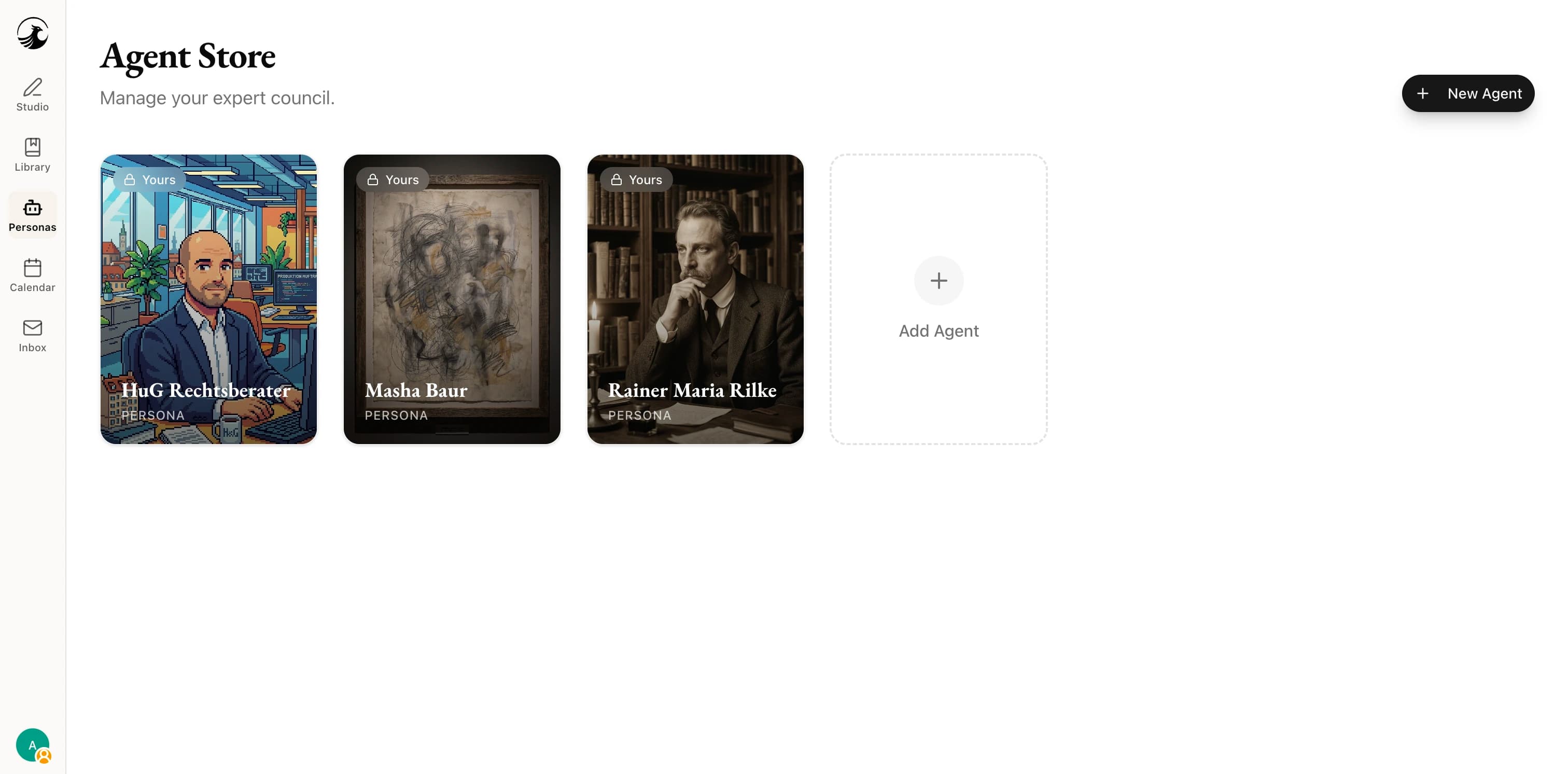 The Council screen, with distinct expert agents that each carry their own instructions, context, and model.